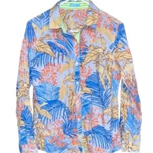 J McLaughlin Lois Blue Tropical Palm Print Button Up Shirt L